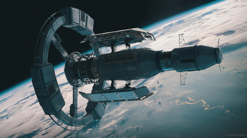 Space Station Orbiting Earth — Blue, Dramatic, Digital Art