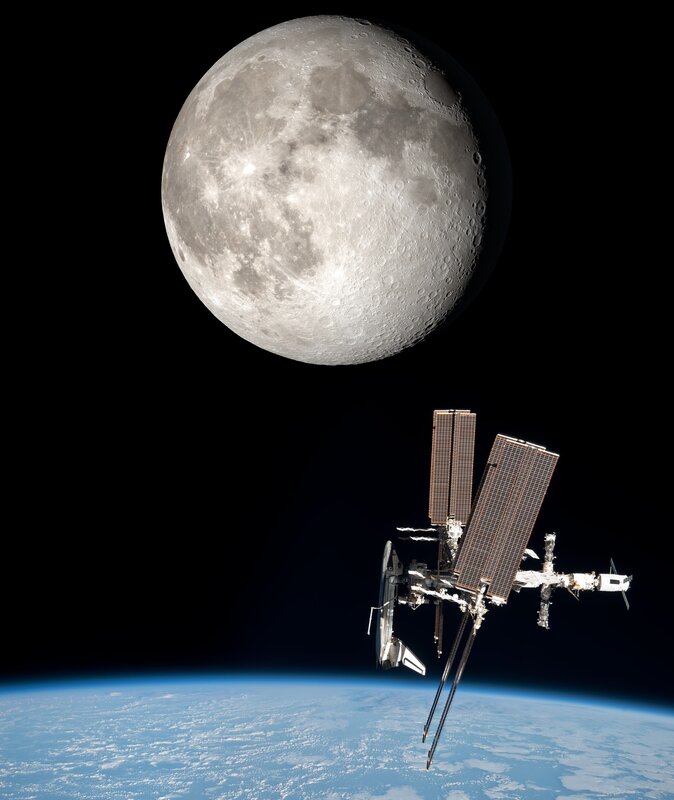 Space Station Orbiting Earth — Blue, Dramatic, Night, Photograph