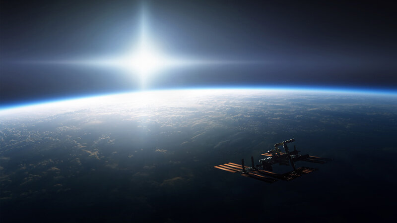 Space Station Orbiting Earth — Blue, Dramatic, Sunrise, Digital Art