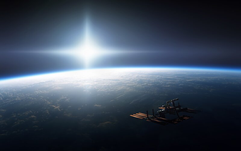 Space Station Orbiting Earth — Blue, Dramatic, Sunrise