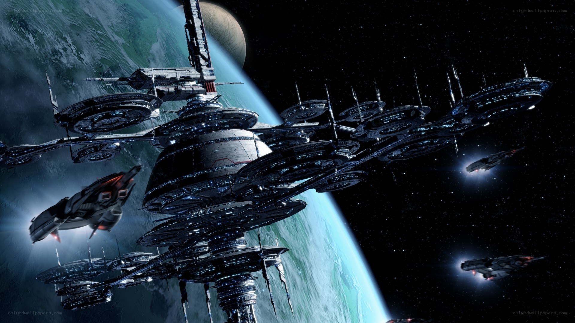 Space station orbiting planet
