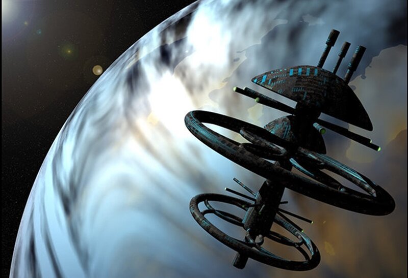 Space Station Orbiting Planet — Black, Dramatic, Digital Art, Stars