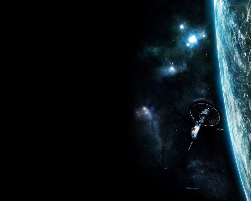 Space Station Orbiting Planet — Black, Dramatic, Night, Digital Art, Stars, Spaceship