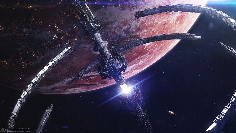 Space Station Orbiting Planet — Black, Dramatic, Night, Digital Art