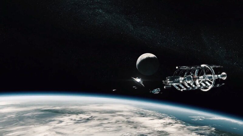Space Station Orbiting Planet — Black