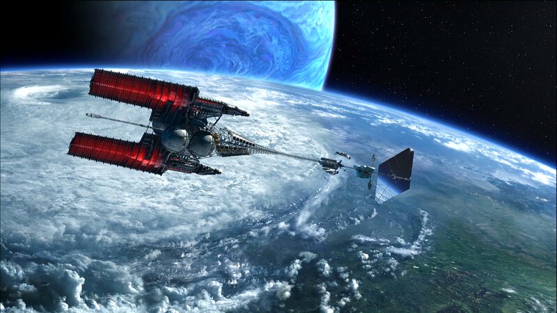 Space Station Orbiting Planet — Blue, Dramatic, Digital Art, Clouds, Satellite