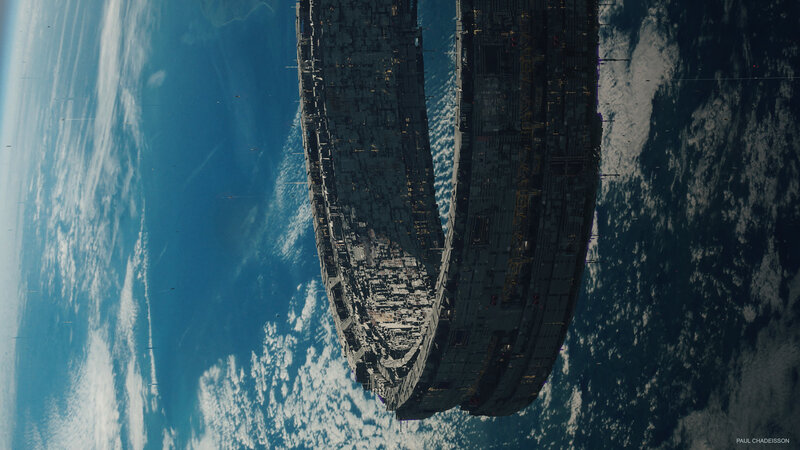 Space Station Orbiting Planet — Blue, Dramatic, Digital Art, Clouds, Spacecraft