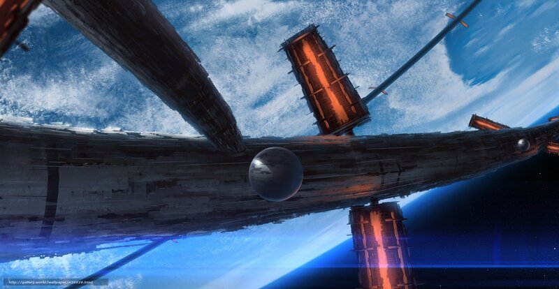 Space Station Orbiting Planet — Blue, Dramatic, Digital Art, Satellite