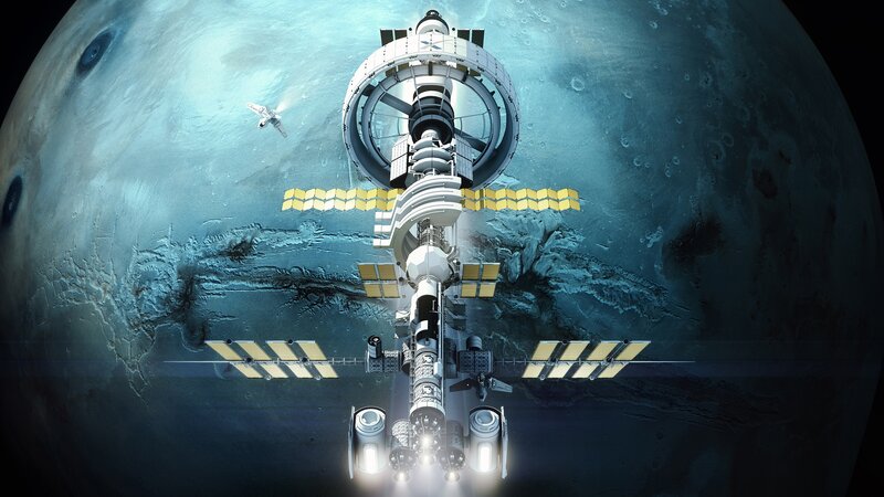 Space Station Orbiting Planet — Blue, Dramatic, Digital Art, Solar Panels, Spacecraft