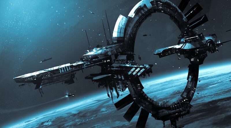Space Station Orbiting Planet — Blue, Dramatic, Digital Art, Spaceships, Stars