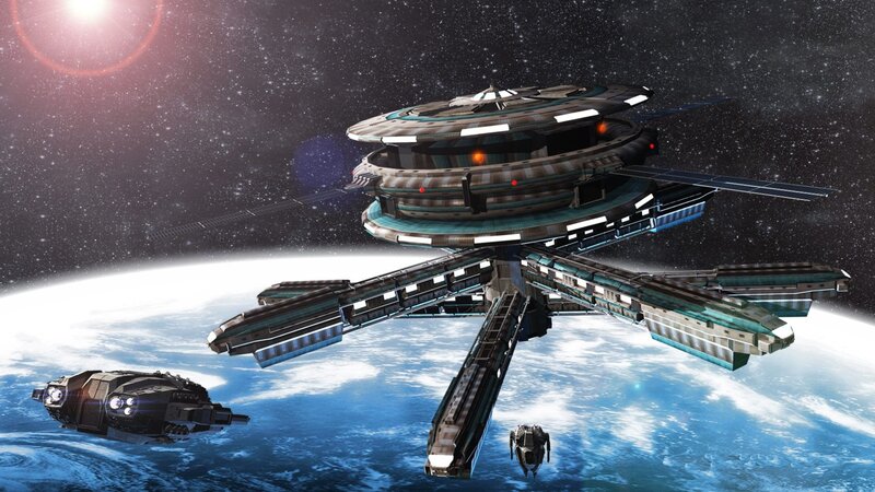 Space Station Orbiting Planet — Blue, Dramatic, Digital Art, Spaceships