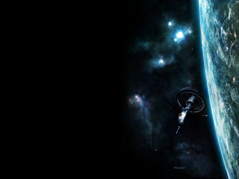 Space Station Orbiting Planet — Blue, Dramatic, Digital Art, Stars, Spaceship