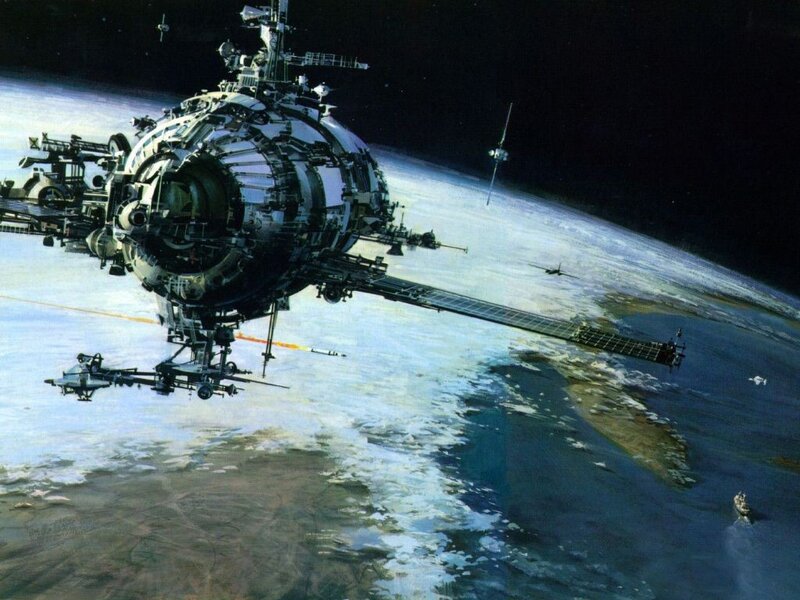 Space Station Orbiting Planet — Blue, Dramatic, Illustration, Spaceship, Earth