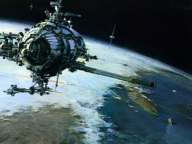 Space Station Orbiting Planet — Blue, Dramatic, Illustration