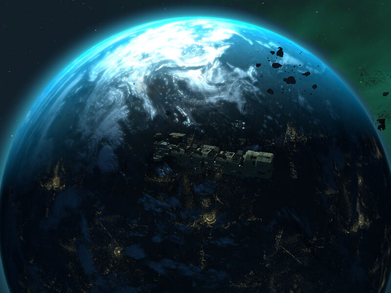 Space Station Orbiting Planet — Blue, Dramatic, Night, 3d Render