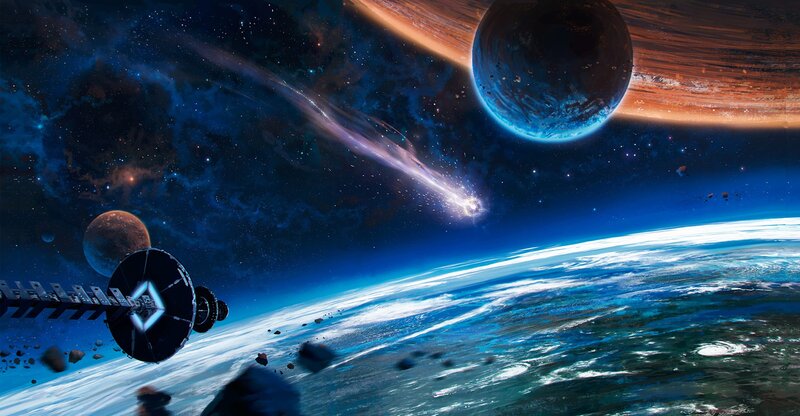 Space Station Orbiting Planet — Blue, Dramatic, Night, Digital Art, Comet