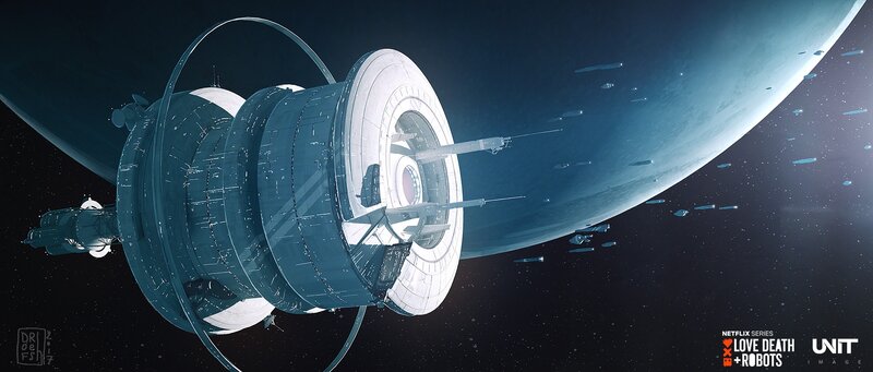 Space Station Orbiting Planet — Blue, Dramatic, Night, Digital Art, Debris