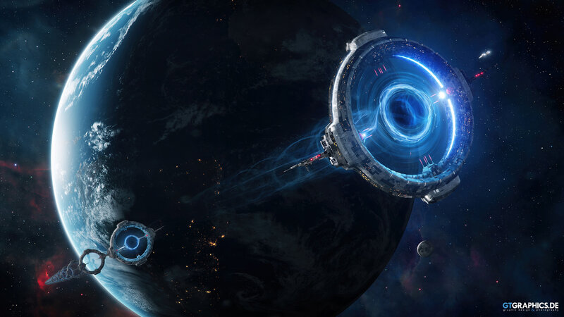 Space Station Orbiting Planet — Blue, Dramatic, Night, Digital Art, Moon