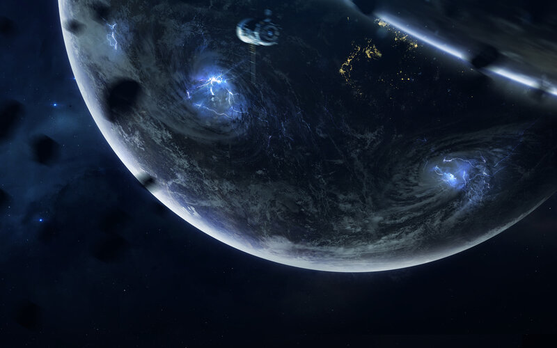 Space Station Orbiting Planet — Blue, Dramatic, Night, Digital Art, Satellite