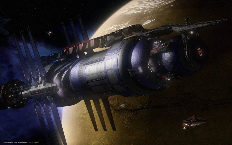 Space Station Orbiting Planet — Blue, Dramatic, Night, Digital Art, Spaceship