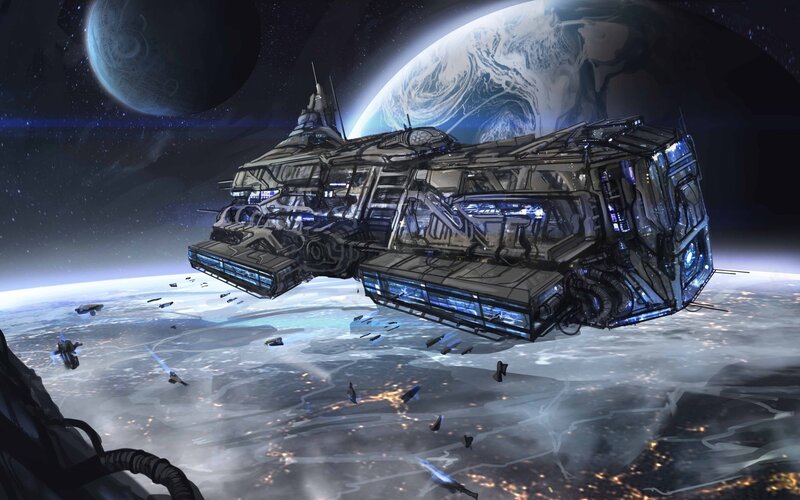 Space Station Orbiting Planet — Blue, Dramatic, Night, Digital Art, Spaceships, Stars, Black, White