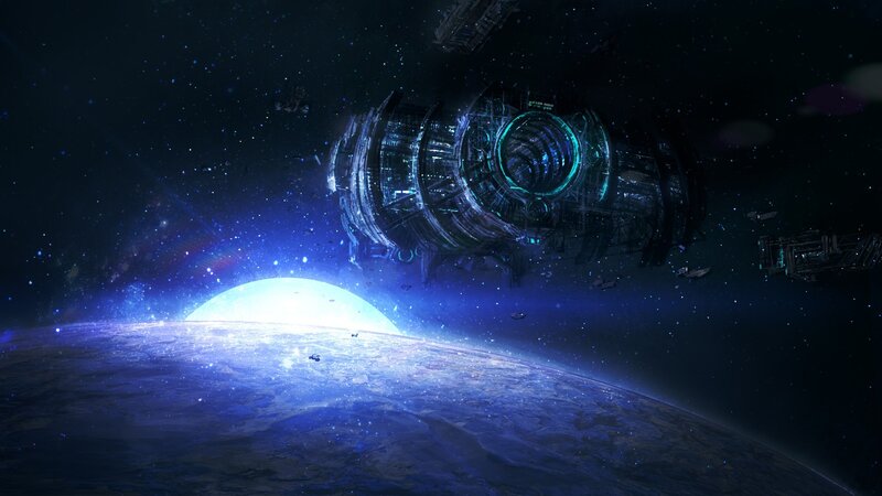 Space Station Orbiting Planet — Blue, Dramatic, Night, Digital Art, Starfield