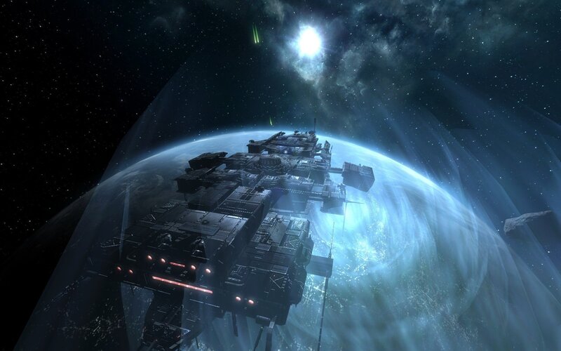 Space Station Orbiting Planet — Blue, Dramatic, Night, Digital Art, Stars, Asteroid