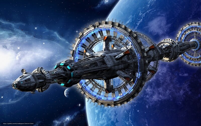 Space Station Orbiting Planet — Blue, Dramatic, Night, Digital Art, Stars