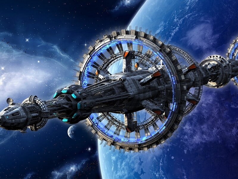 Space Station Orbiting Planet — Blue, Dramatic, Night, Digital Art