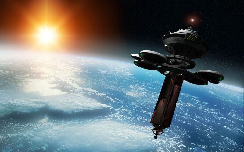 Space Station Orbiting Planet — Blue, Dramatic, Sunset, Digital Art, Sun