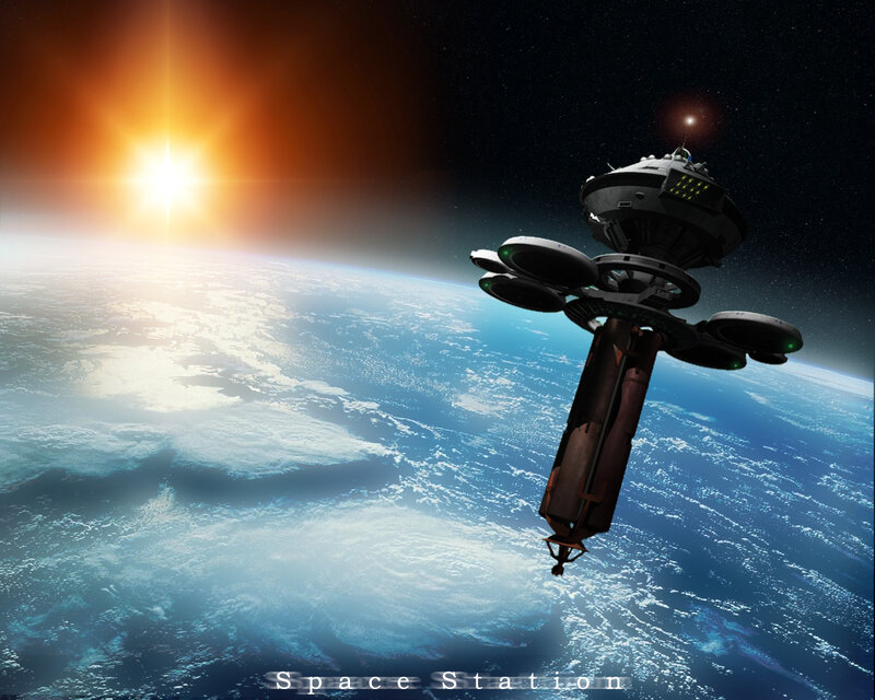 Space Station Orbiting Planet — Blue, Dramatic, Sunset, Digital Art