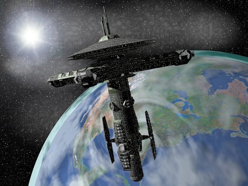 Space Station Orbiting Planet — Blue