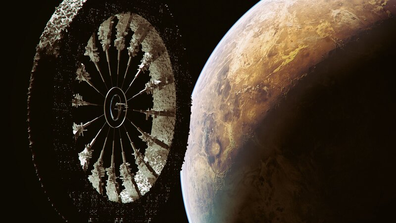 Space Station Orbiting Planet — Brown, Dramatic, 3d Render