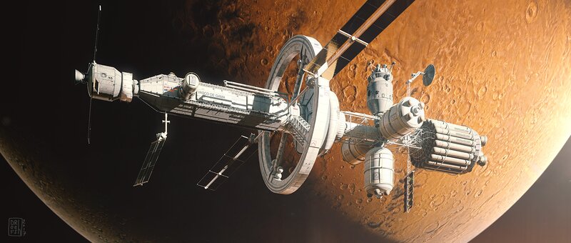 Space Station Orbiting Planet — Brown, Dramatic, Digital Art