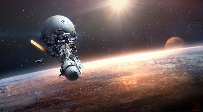 Space Station Orbiting Planet — Brown, Dramatic, Sunset