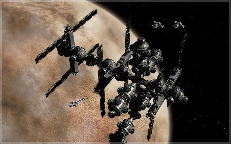 Space Station Orbiting Planet — Brown