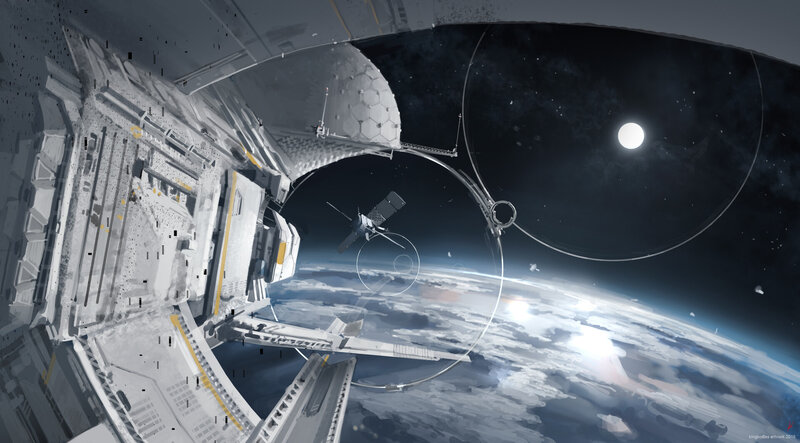 Space Station Orbiting Planet — Gray, Dramatic