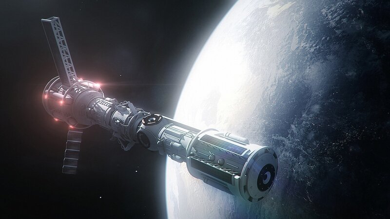 Space Station Orbiting Planet — Gray