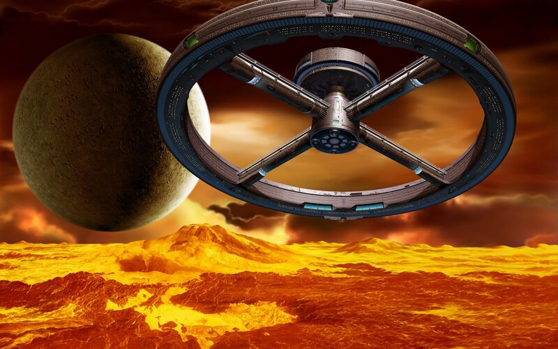 Space Station Orbiting Planet — Orange, Dramatic