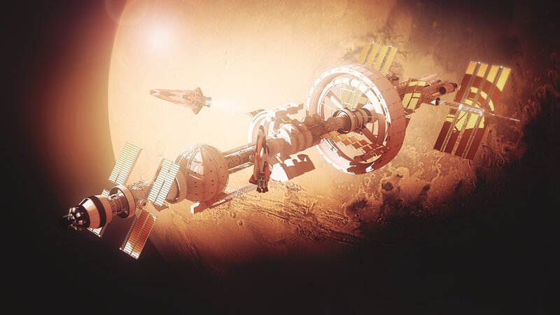 Space Station Orbiting Planet — Orange