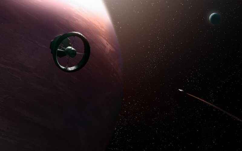 Space Station Orbiting Planet — Purple, Dramatic, Night, Digital Art