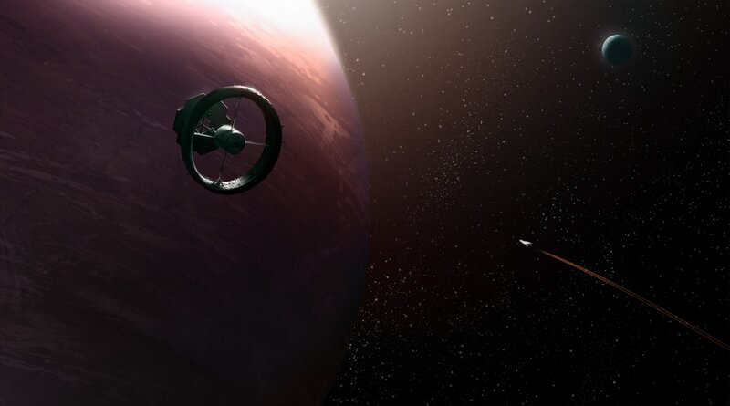 Space Station Orbiting Planet — Purple, Dramatic, Night