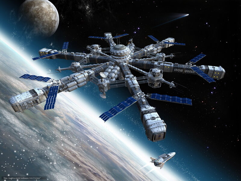 Space station orbiting planet