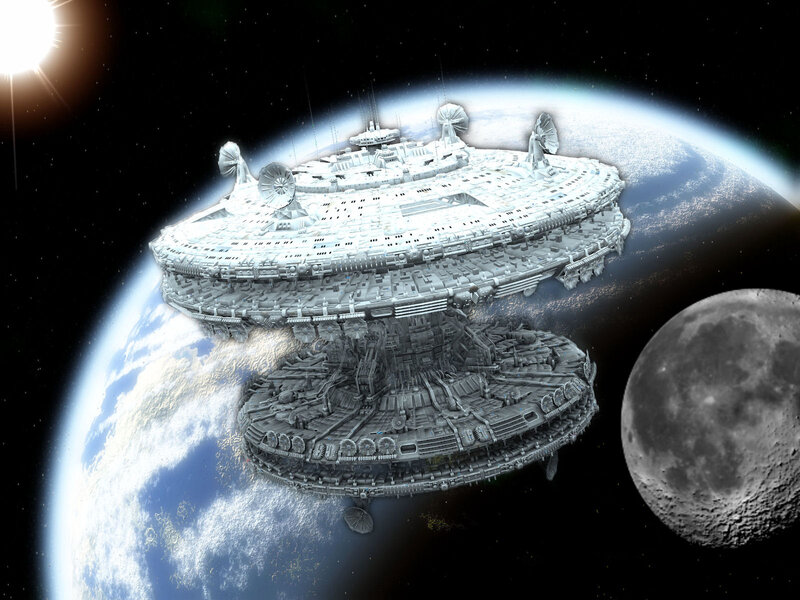 Space Station Orbiting Planet — White