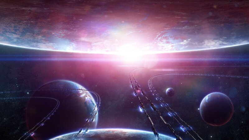 Space Station Orbiting Planets — Purple, Dramatic