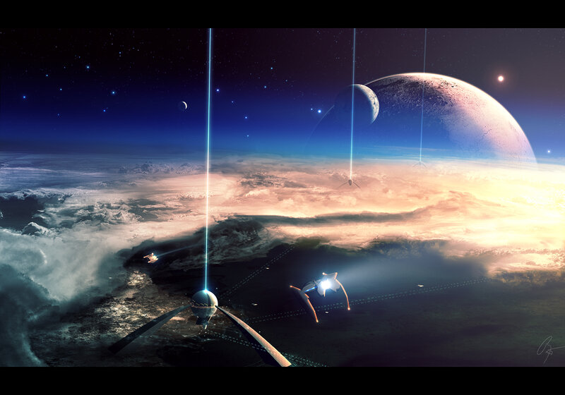 Space station over alien planet