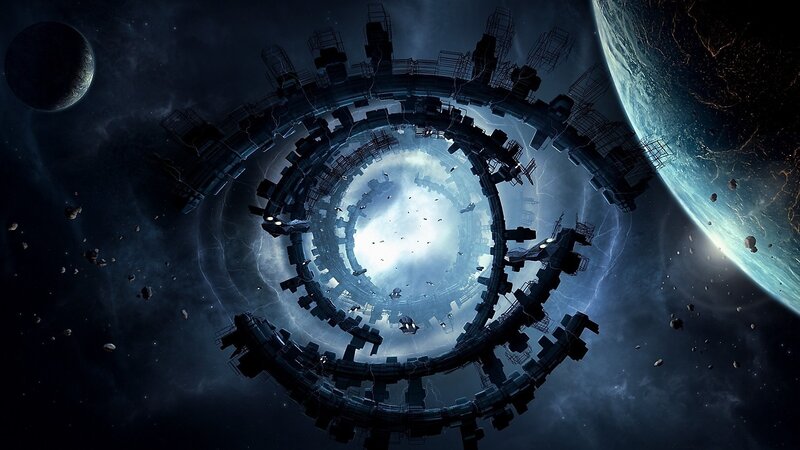 Space Station Ring — Blue, Dramatic, Night, Digital Art, Planet, Moon, Asteroids