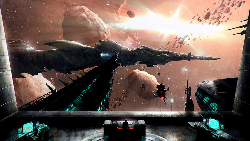 space station view of asteroid field