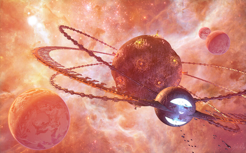 Space Station with Planets — Orange