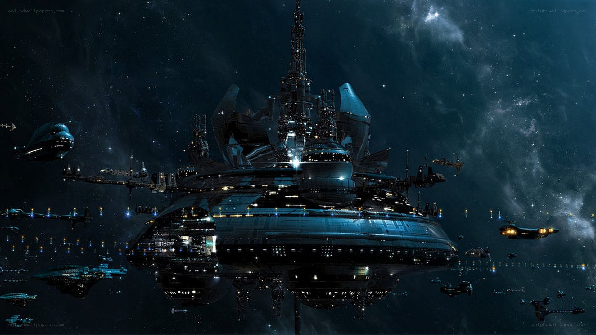 space station with ships